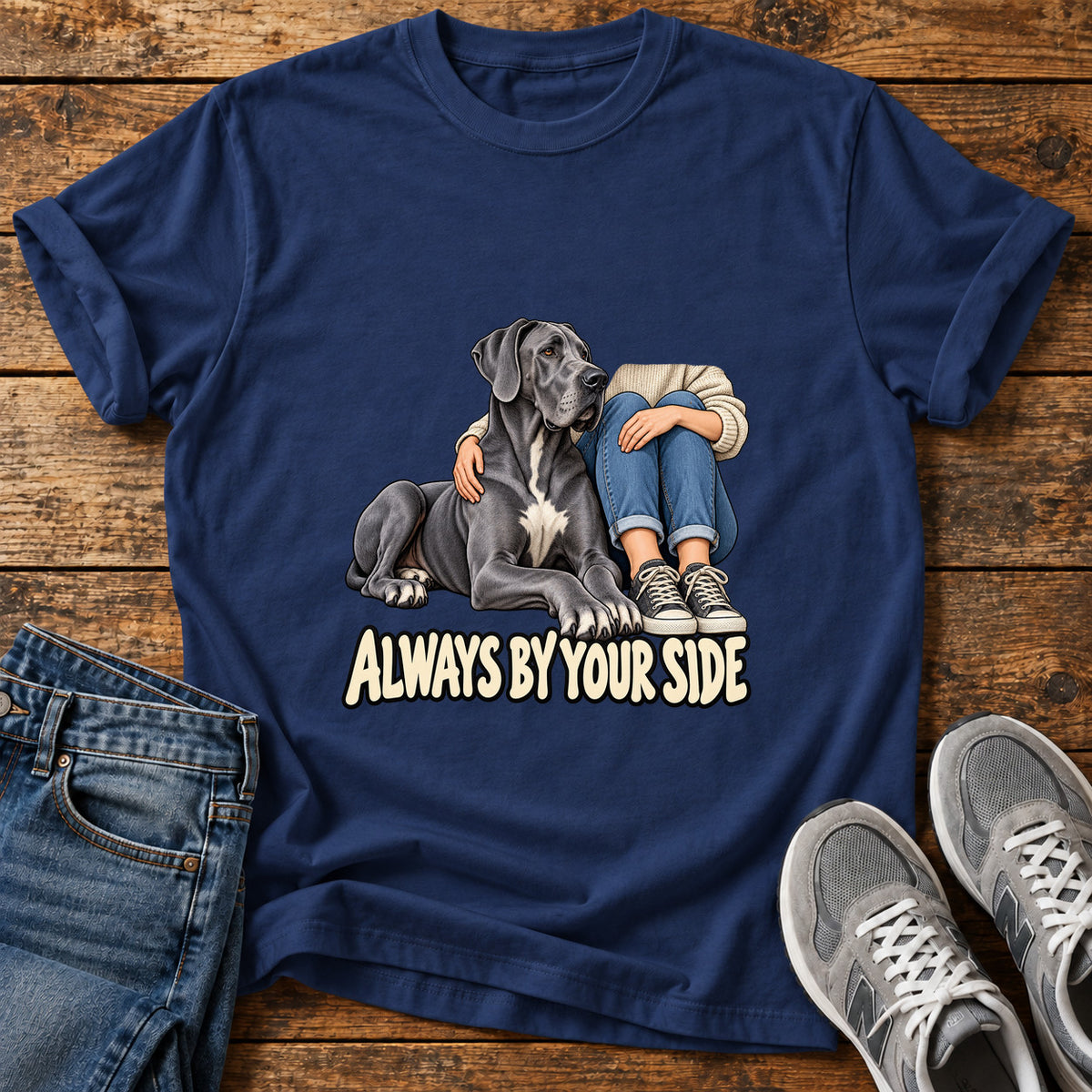 Always By Your Great Dane graphic T-shirt in Navy, shown on a flat-lay shirt mockup