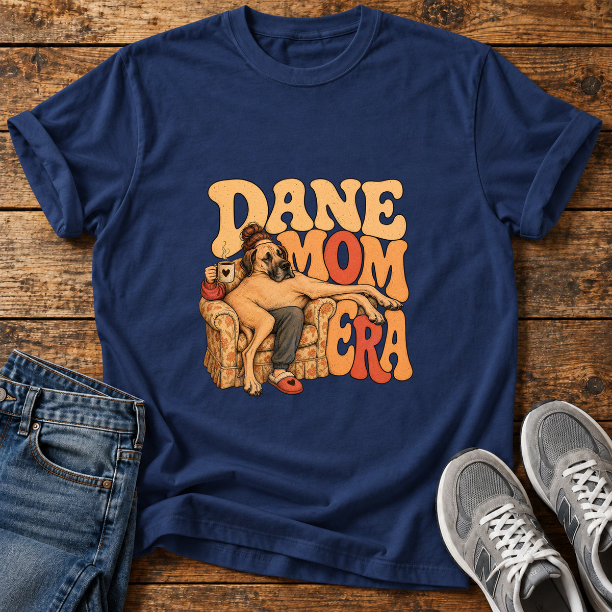 Dane Mom Era Great Dane graphic T-shirt in Navy, shown on a flat-lay shirt mockup