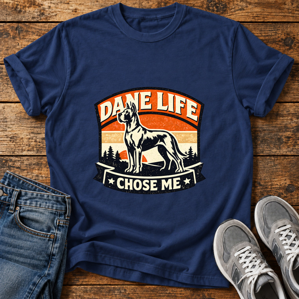 Dane Life Great Dane graphic T-shirt in Navy, shown on a flat-lay shirt mockup