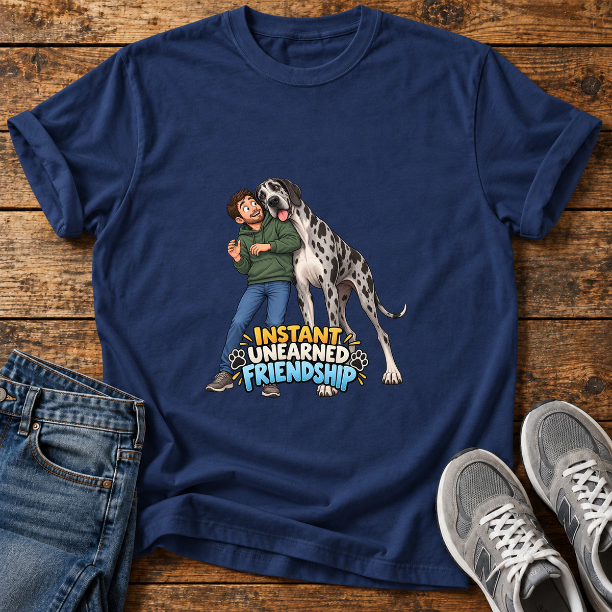Instant Friendship Great Dane graphic T-shirt in Navy, shown on a flat-lay shirt mockup