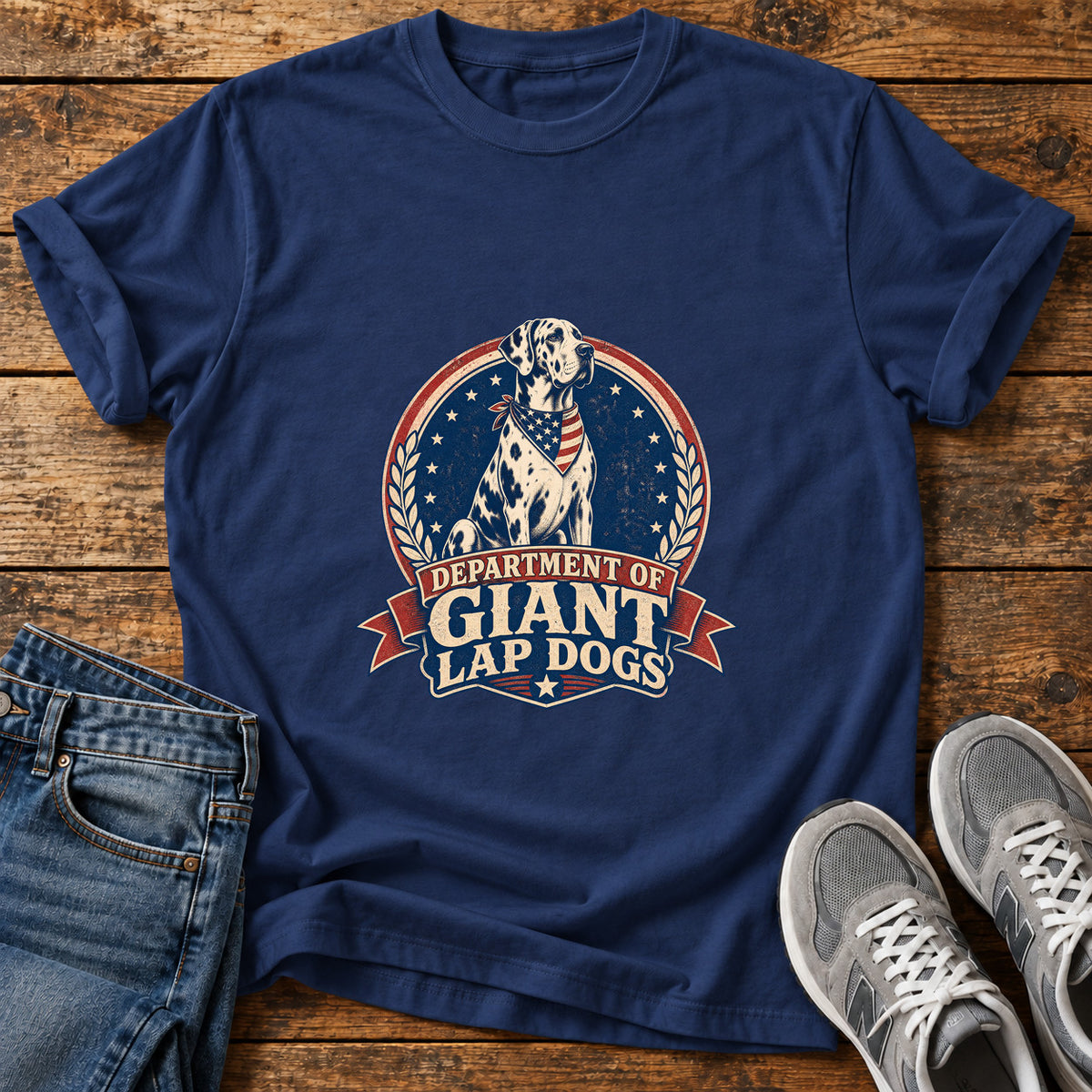 Giant Lap Dogs Great Dane graphic T-shirt in Navy, shown on a flat-lay shirt mockup