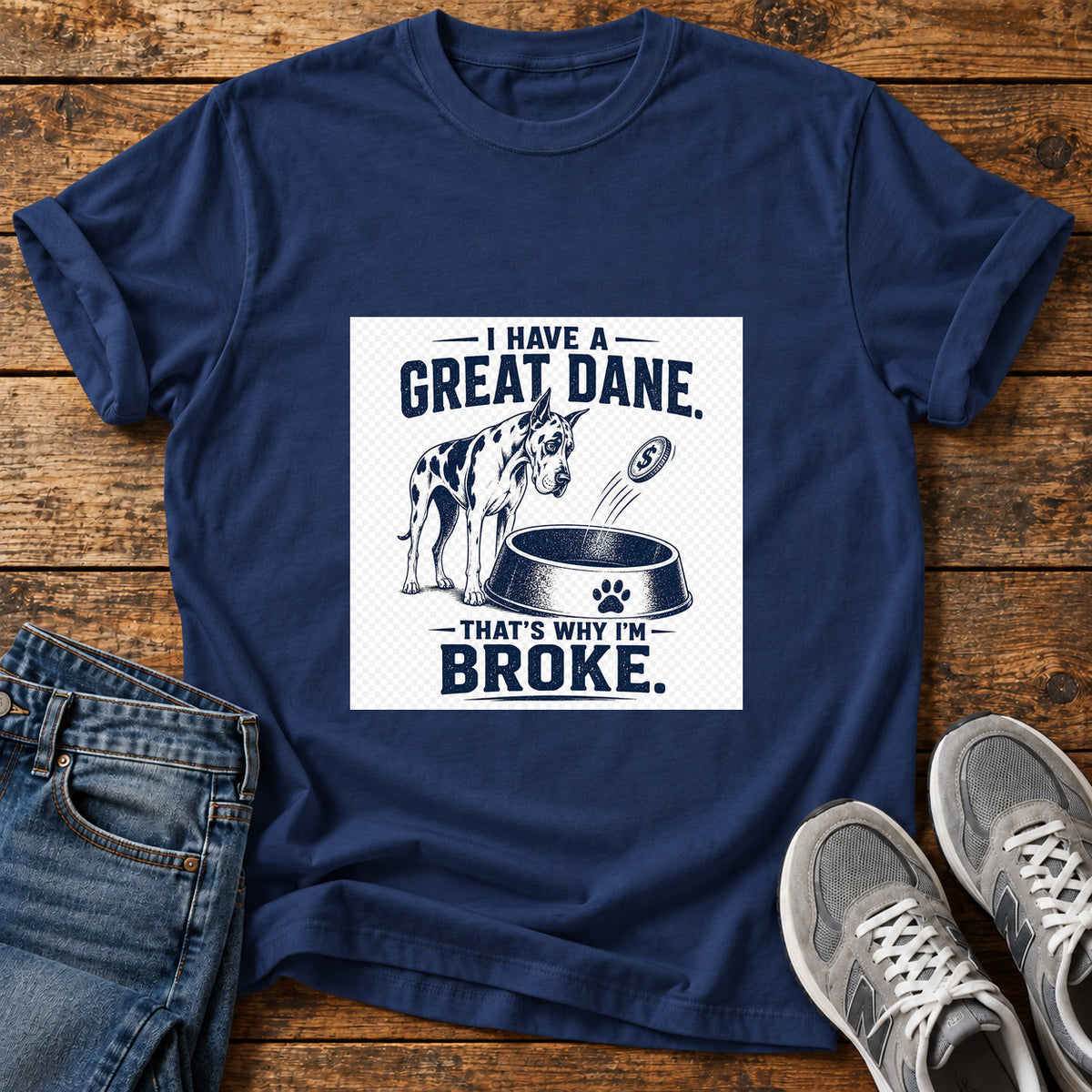 Great Dane Broke graphic T-shirt in Navy, shown on a flat-lay shirt mockup