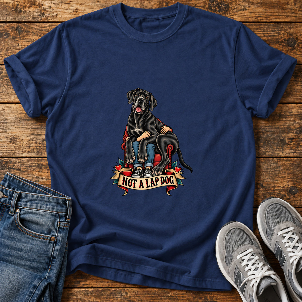 Not A Lapdog Great Dane graphic T-shirt in Navy, shown on a flat-lay shirt mockup