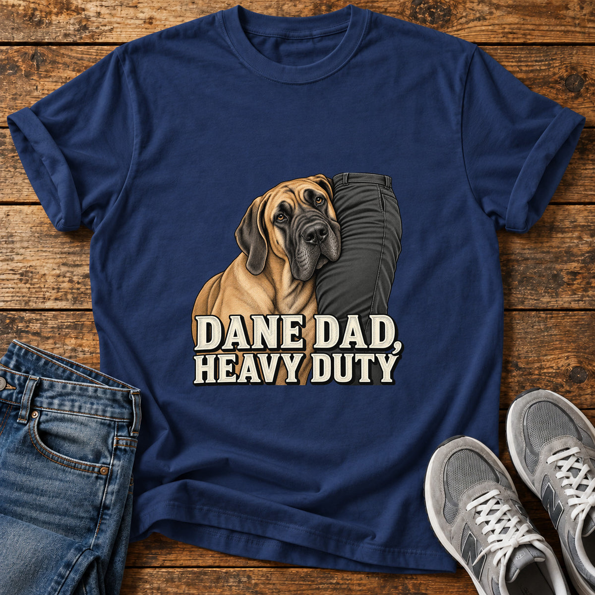 Dane Dad Duty Great Dane graphic T-shirt in Navy, shown on a flat-lay shirt mockup