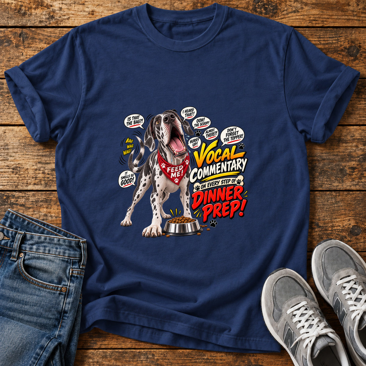 Dinner Prep Commentary Great Dane graphic T-shirt in Navy, shown on a flat-lay shirt mockup