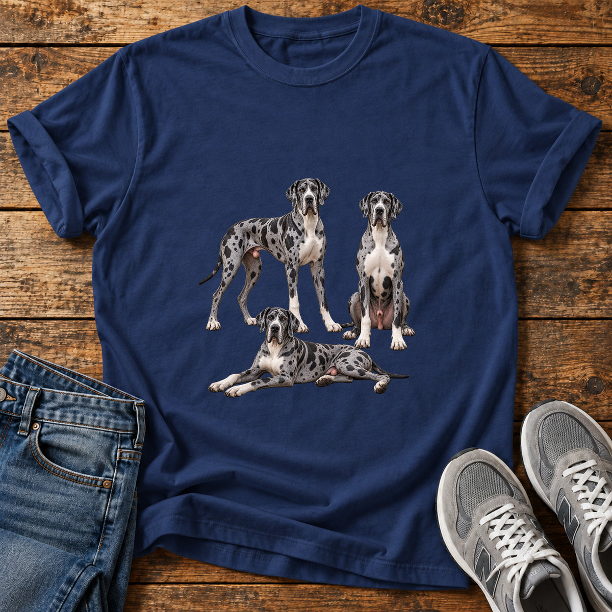 Great Dane Trio graphic T-shirt in Navy, shown on a flat-lay shirt mockup