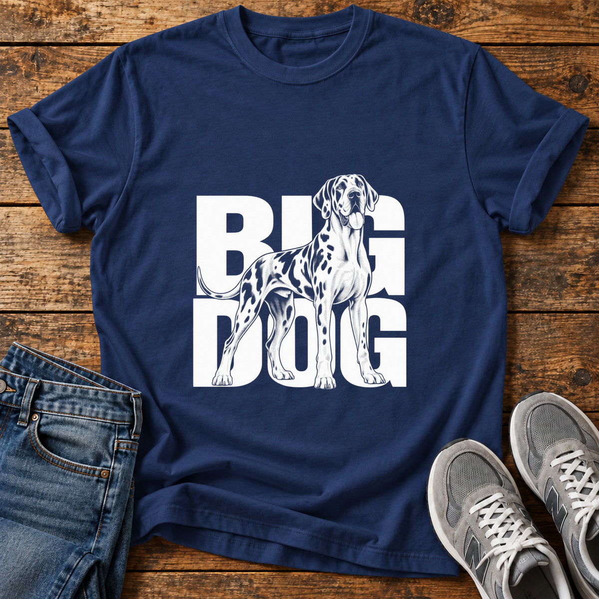 Big Dog Great Dane graphic T-shirt in Navy, shown on a flat-lay shirt mockup