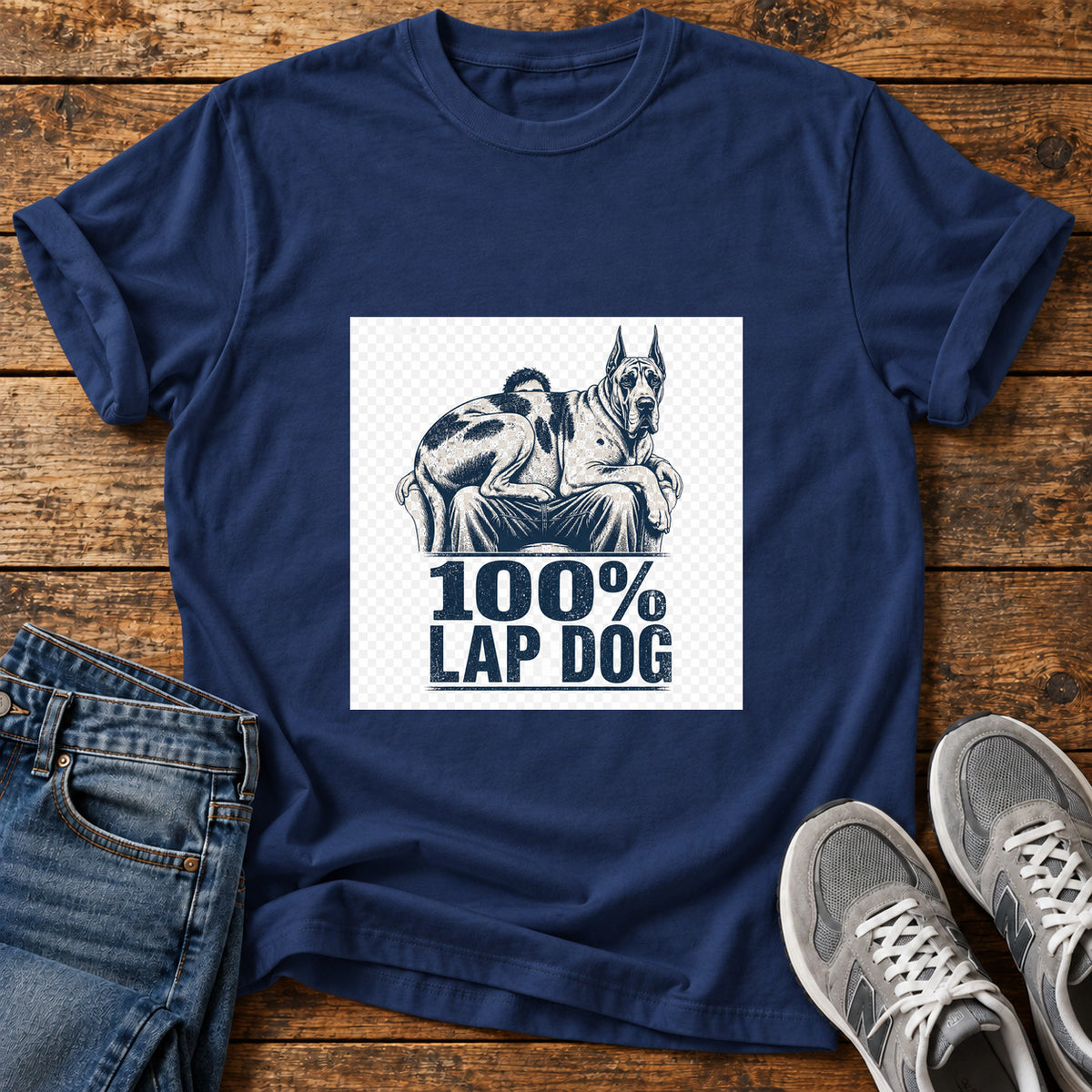 100% Lap Dog Great Dane graphic T-shirt in Navy, shown on a flat-lay shirt mockup