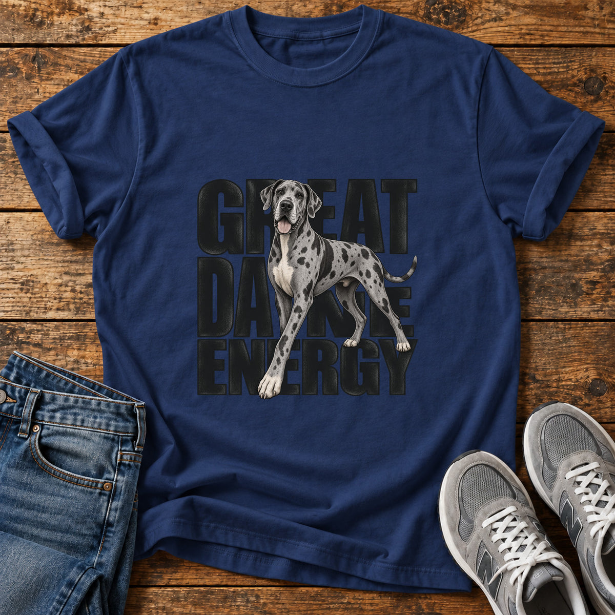 Great Dane Energy graphic T-shirt in Navy, shown on a flat-lay shirt mockup