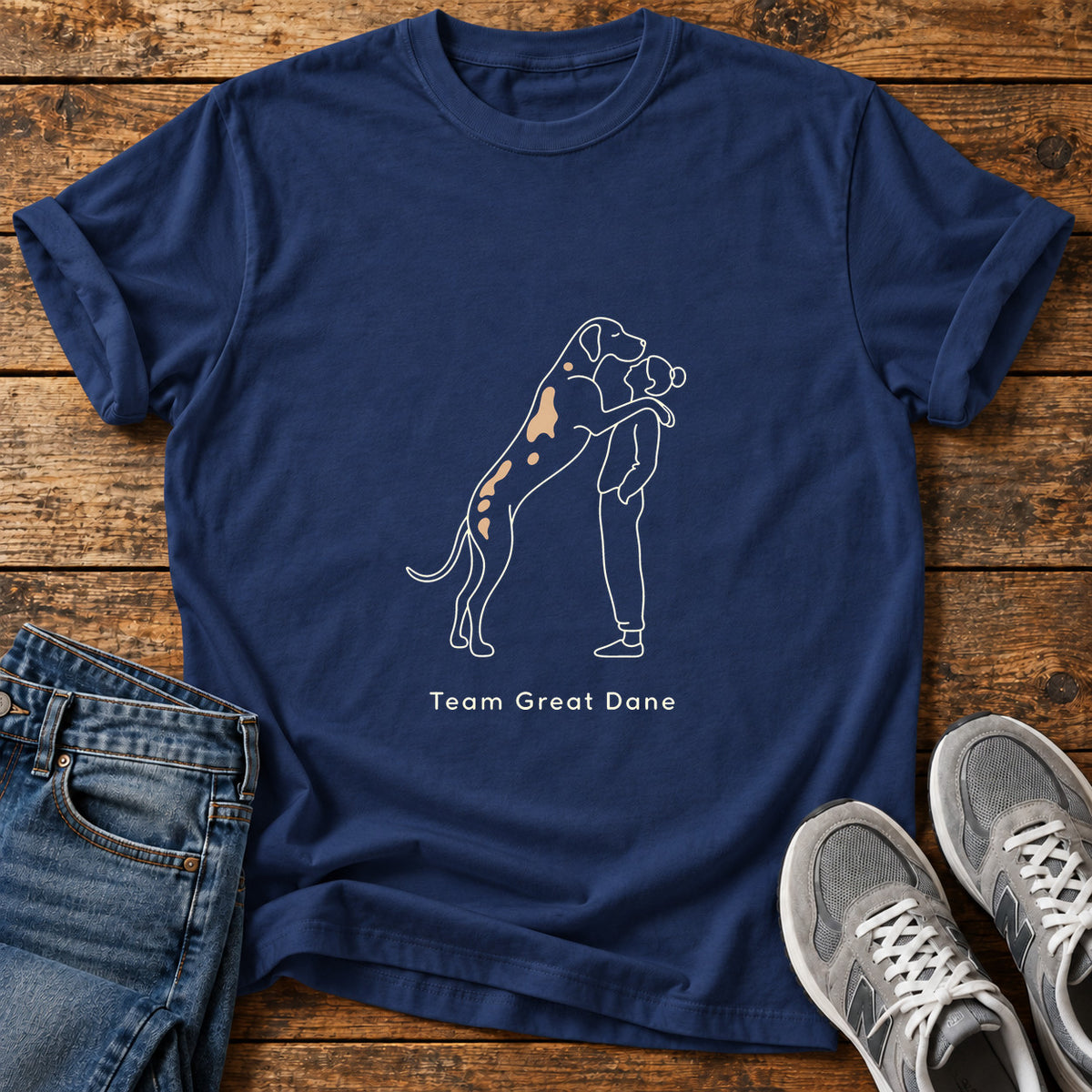 Team Great Dane graphic T-shirt in Navy, shown on a flat-lay shirt mockup