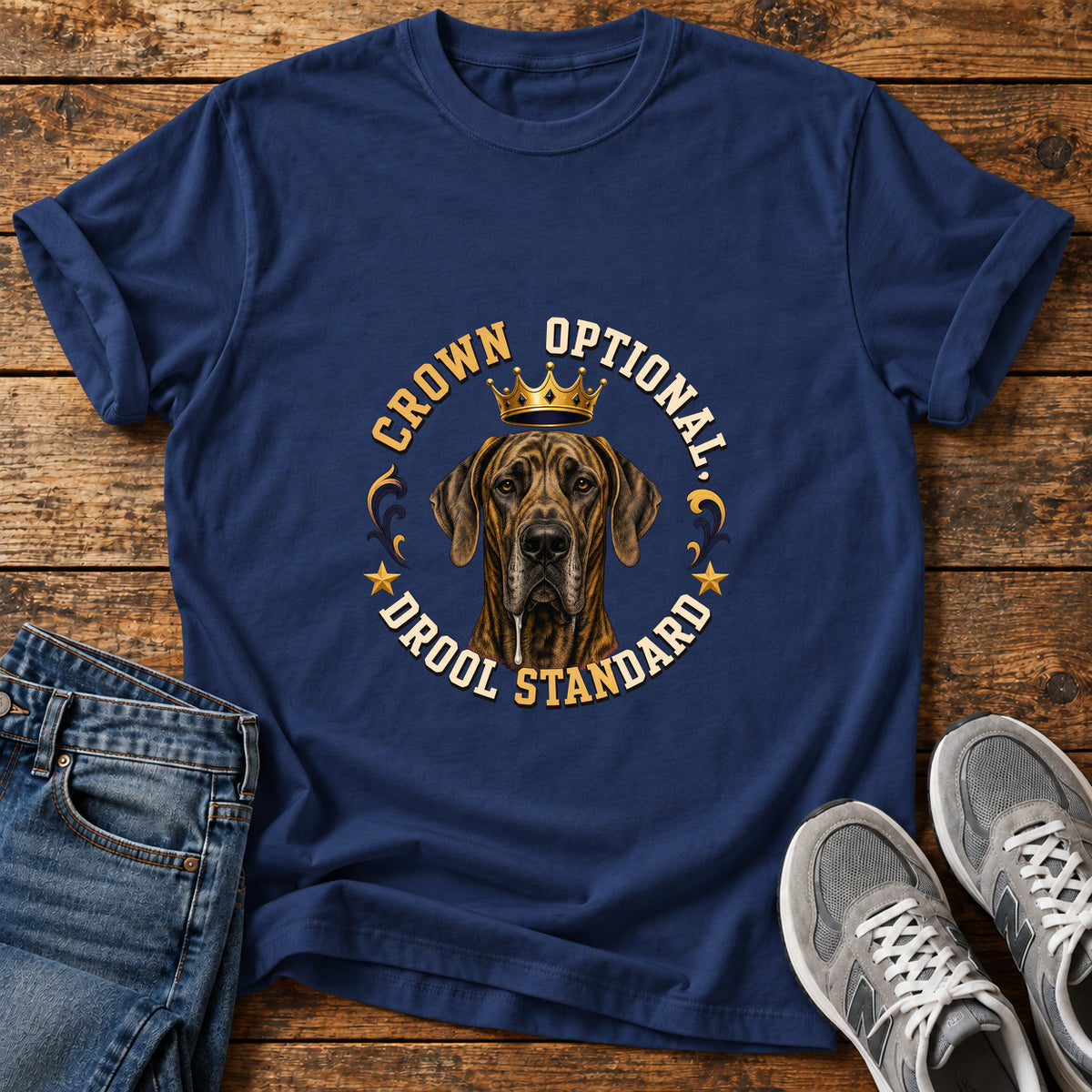 Crown Drool Standard Great Dane graphic T-shirt in Navy, shown on a flat-lay shirt mockup