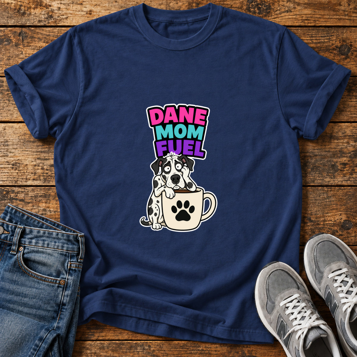 Dane Mom Fuel Great Dane graphic T-shirt in Navy, shown on a flat-lay shirt mockup