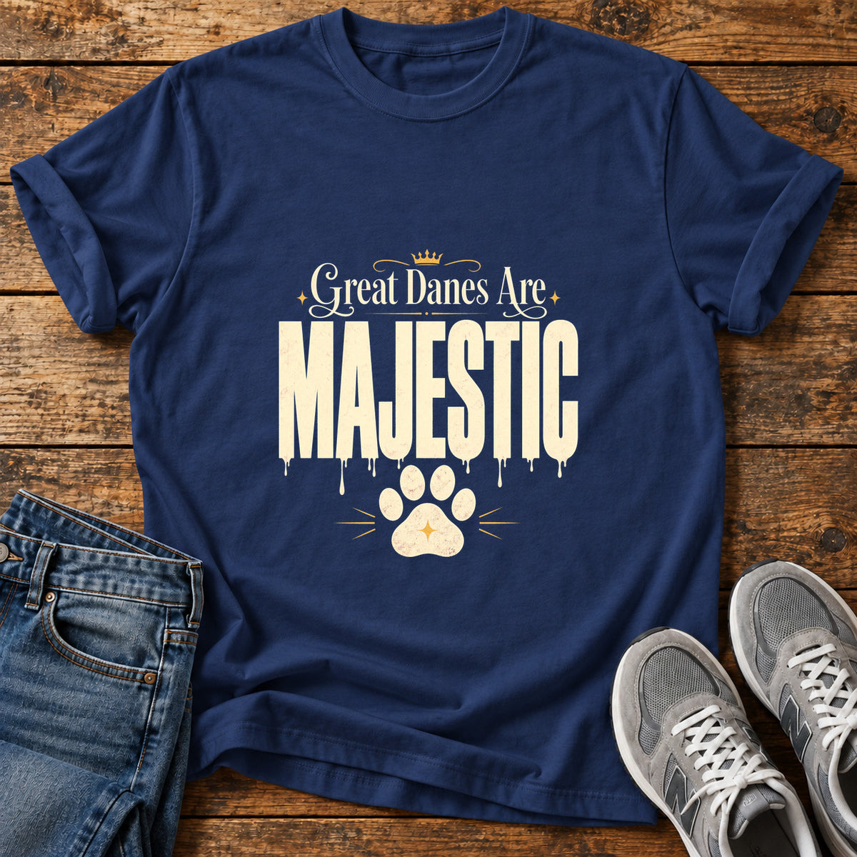Majestic Danes Great Dane graphic T-shirt in Navy, shown on a flat-lay shirt mockup