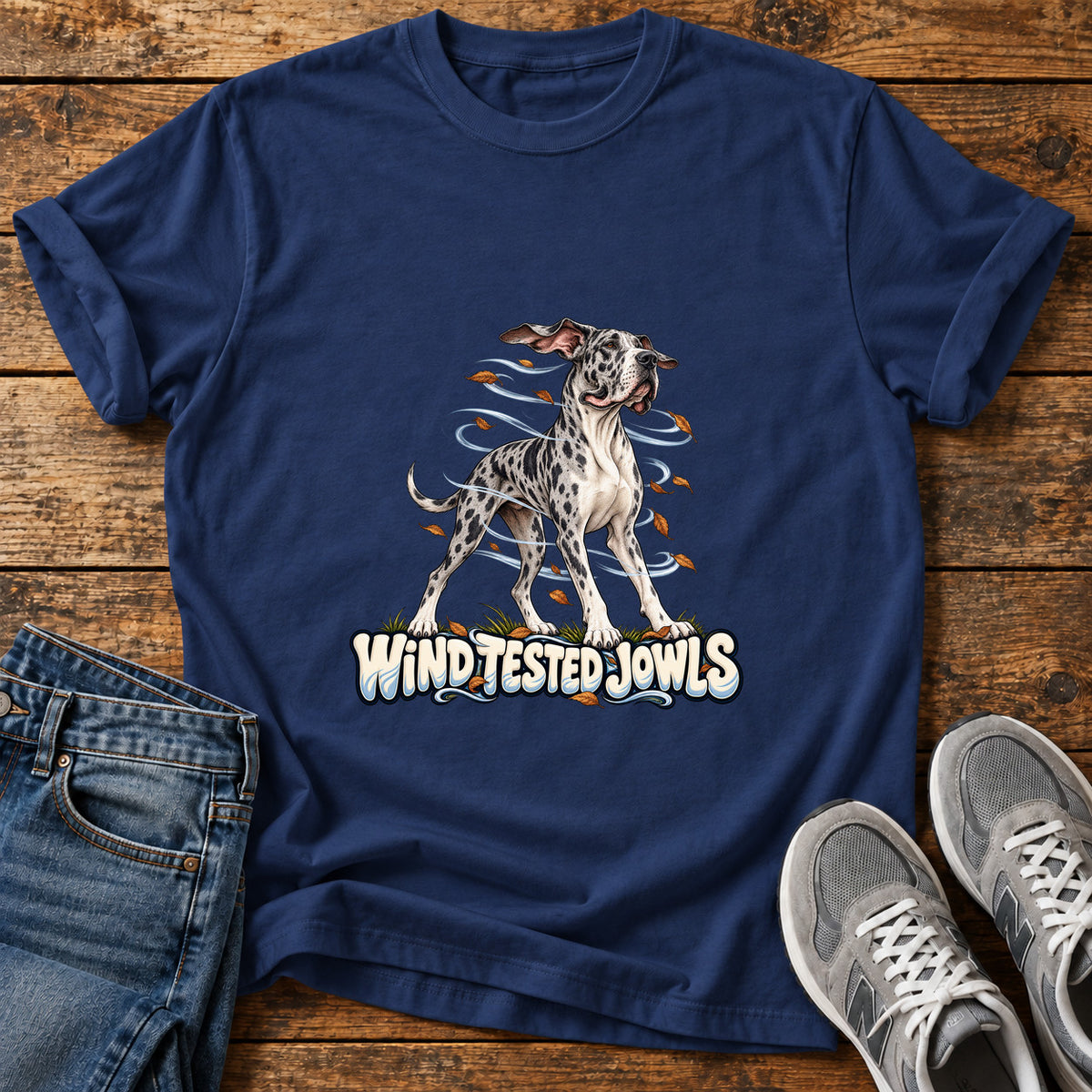 Wind Tested Jowls Great Dane graphic T-shirt in Navy, shown on a flat-lay shirt mockup