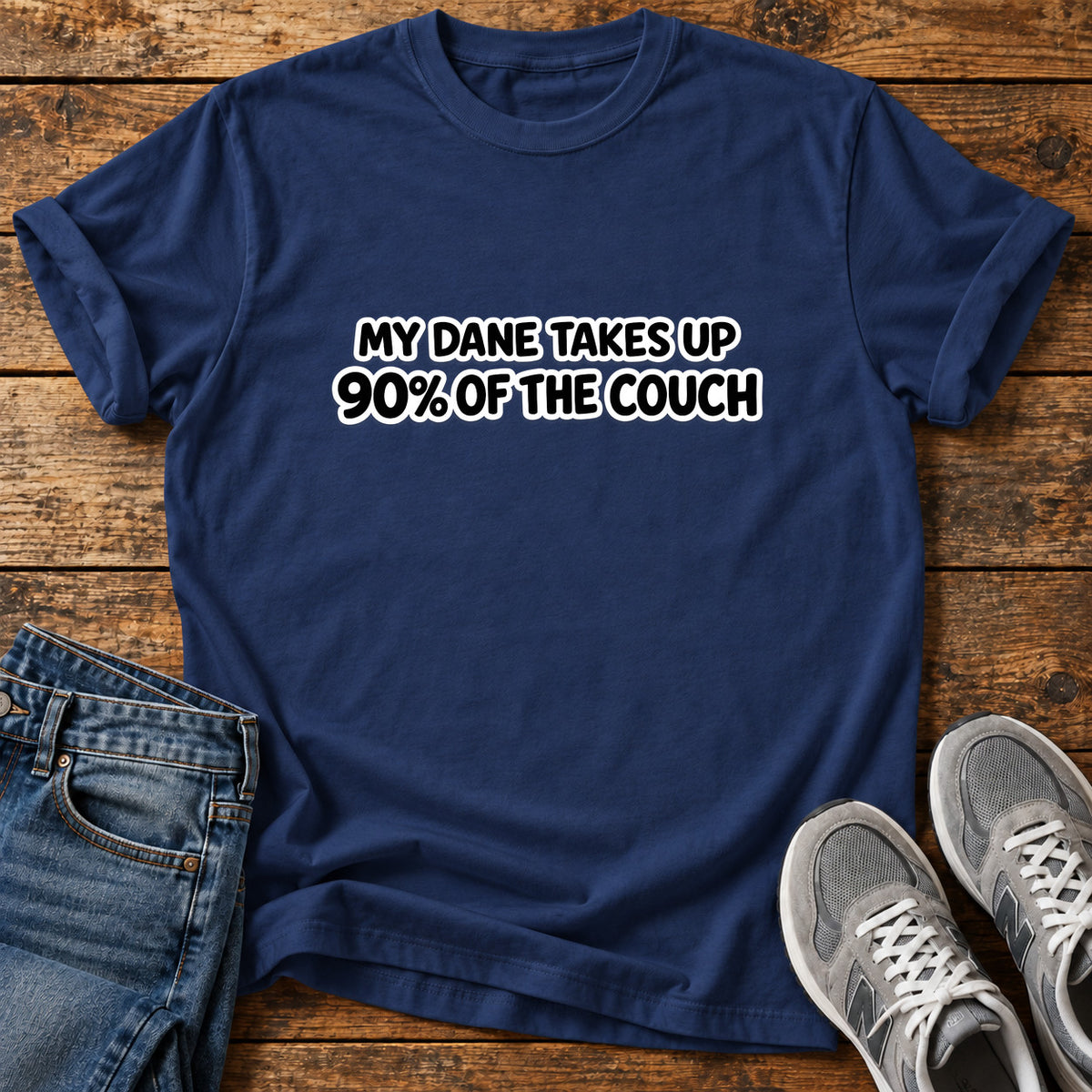 Dane Couch Hog Great Dane graphic T-shirt in Navy, shown on a flat-lay shirt mockup