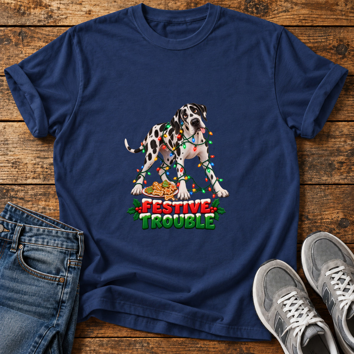 Festive Trouble Great Dane graphic T-shirt in Navy, shown on a flat-lay shirt mockup