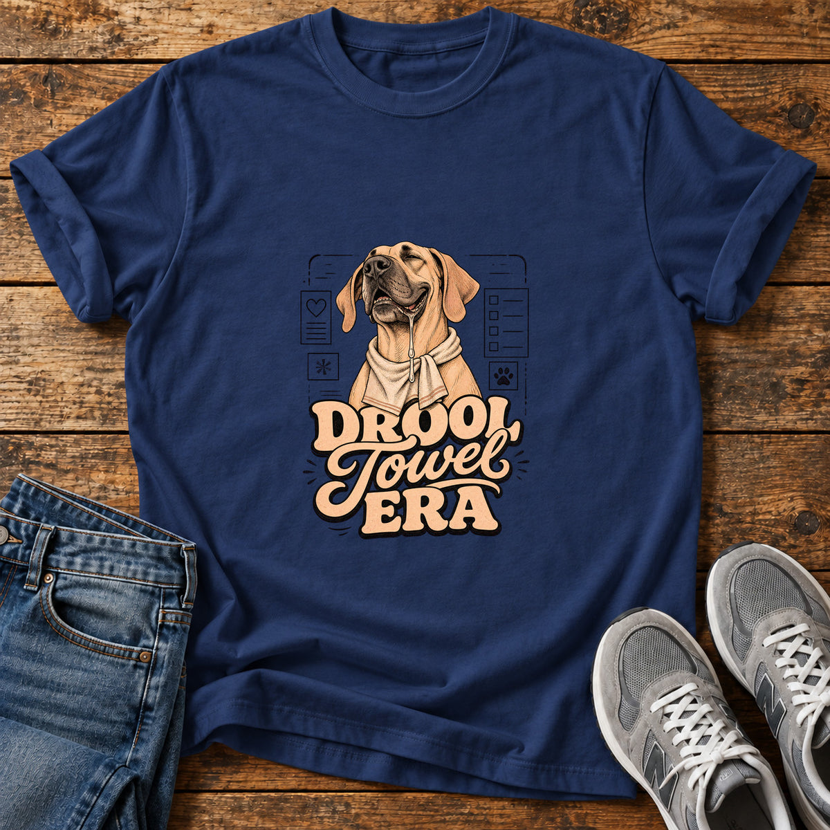 Drool Towel Era Great Dane graphic T-shirt in Navy, shown on a flat-lay shirt mockup