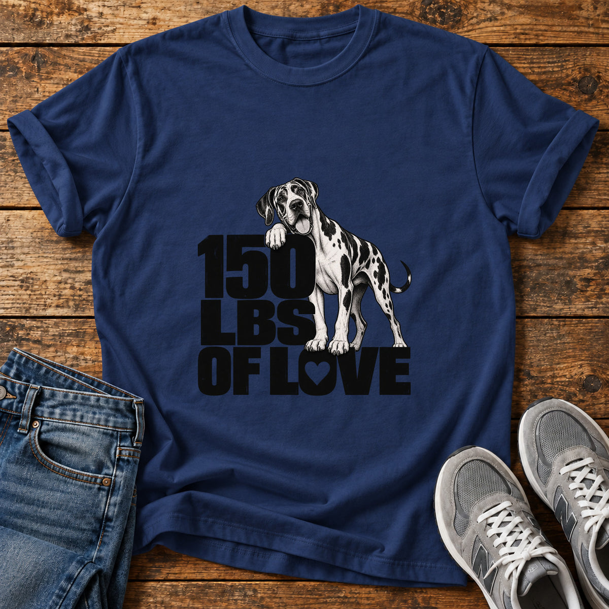150 Lbs Love Great Dane graphic T-shirt in Navy, shown on a flat-lay shirt mockup