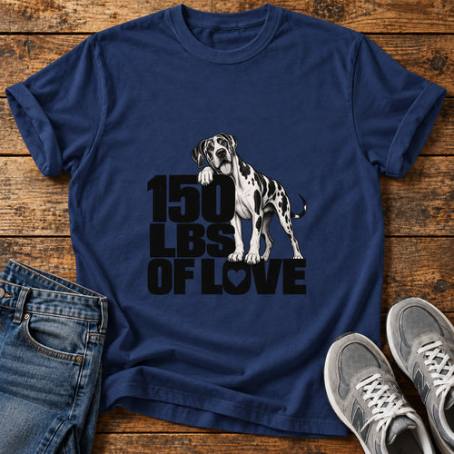 150 Lbs Love Great Dane graphic T-shirt in Navy, shown on a flat-lay shirt mockup