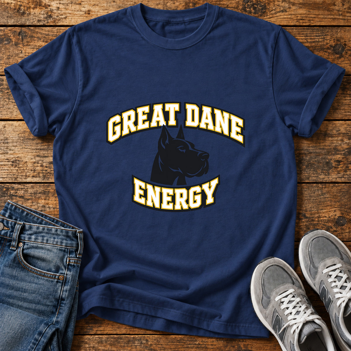 Great Dane Energy graphic T-shirt in Navy, shown on a flat-lay shirt mockup