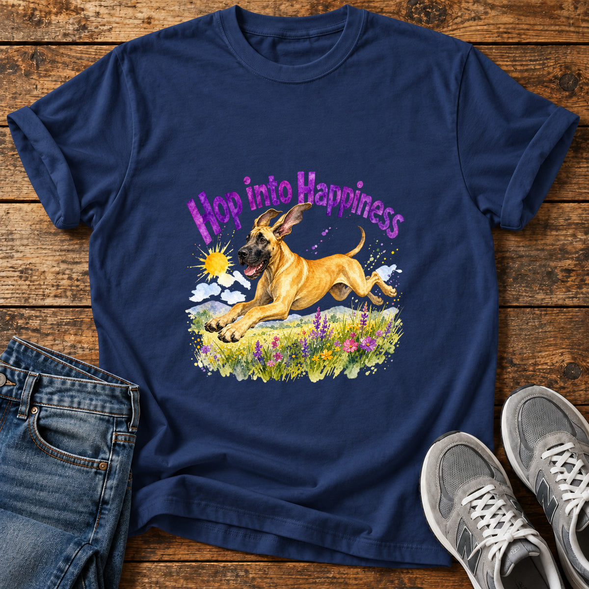 Hop Into Happiness Great Dane graphic T-shirt in Navy, shown on a flat-lay shirt mockup