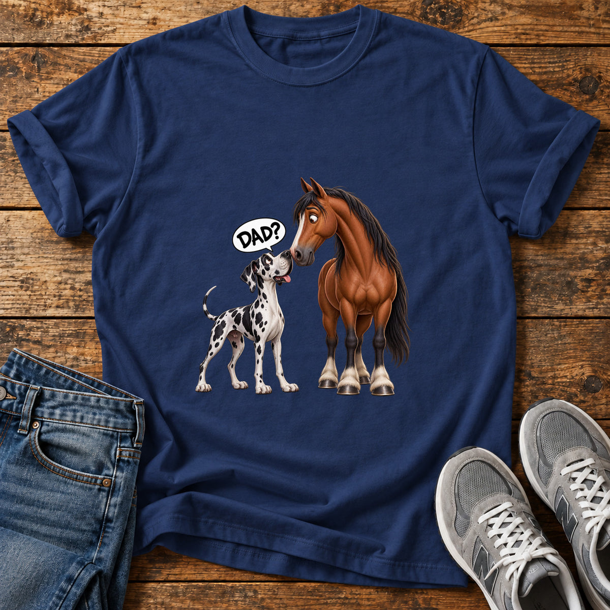 Dad Question Great Dane graphic T-shirt in Navy, shown on a flat-lay shirt mockup