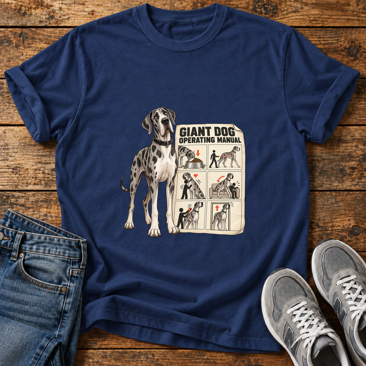 Giant Dog Guide Great Dane graphic T-shirt in Navy, shown on a flat-lay shirt mockup
