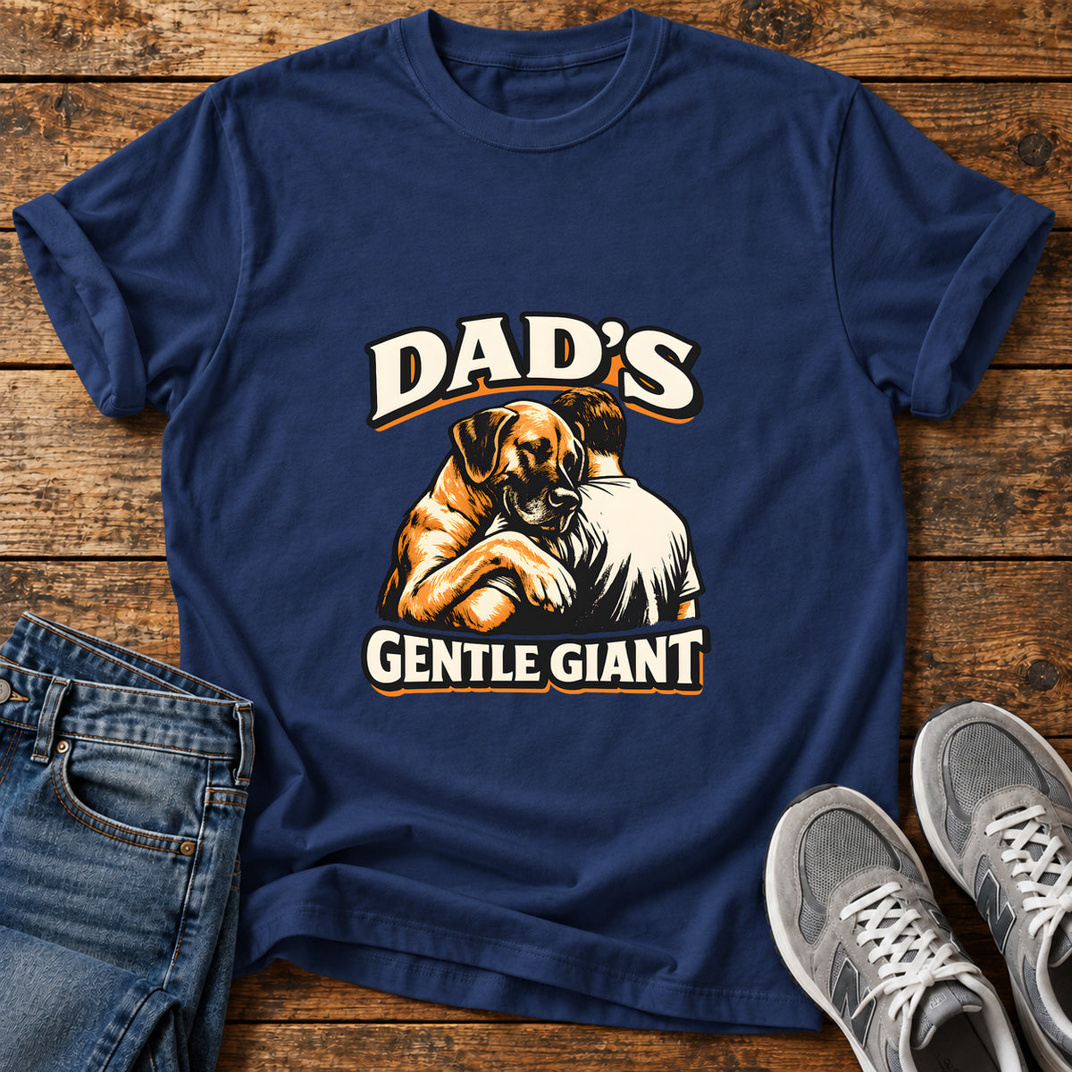 Dad's Gentle Giant Great Dane graphic T-shirt in Navy, shown on a flat-lay shirt mockup