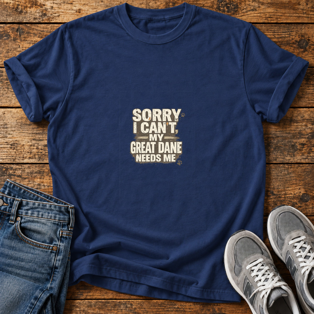 Great Dane Duty graphic T-shirt in Navy, shown on a flat-lay shirt mockup