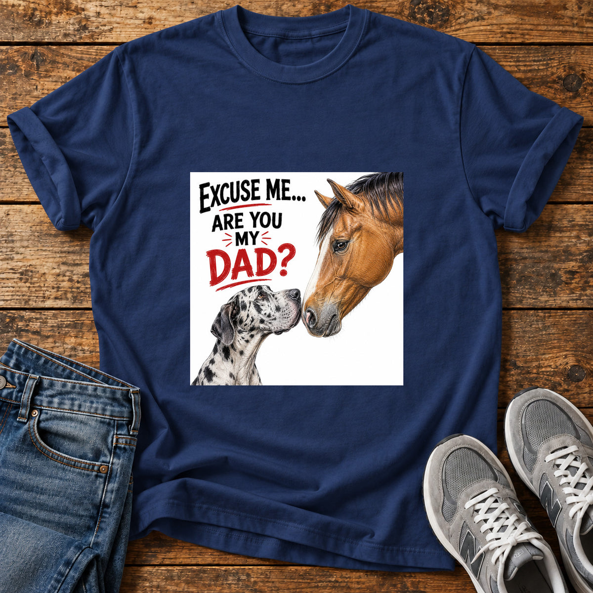 Are You Dad Great Dane graphic T-shirt in Navy, shown on a flat-lay shirt mockup