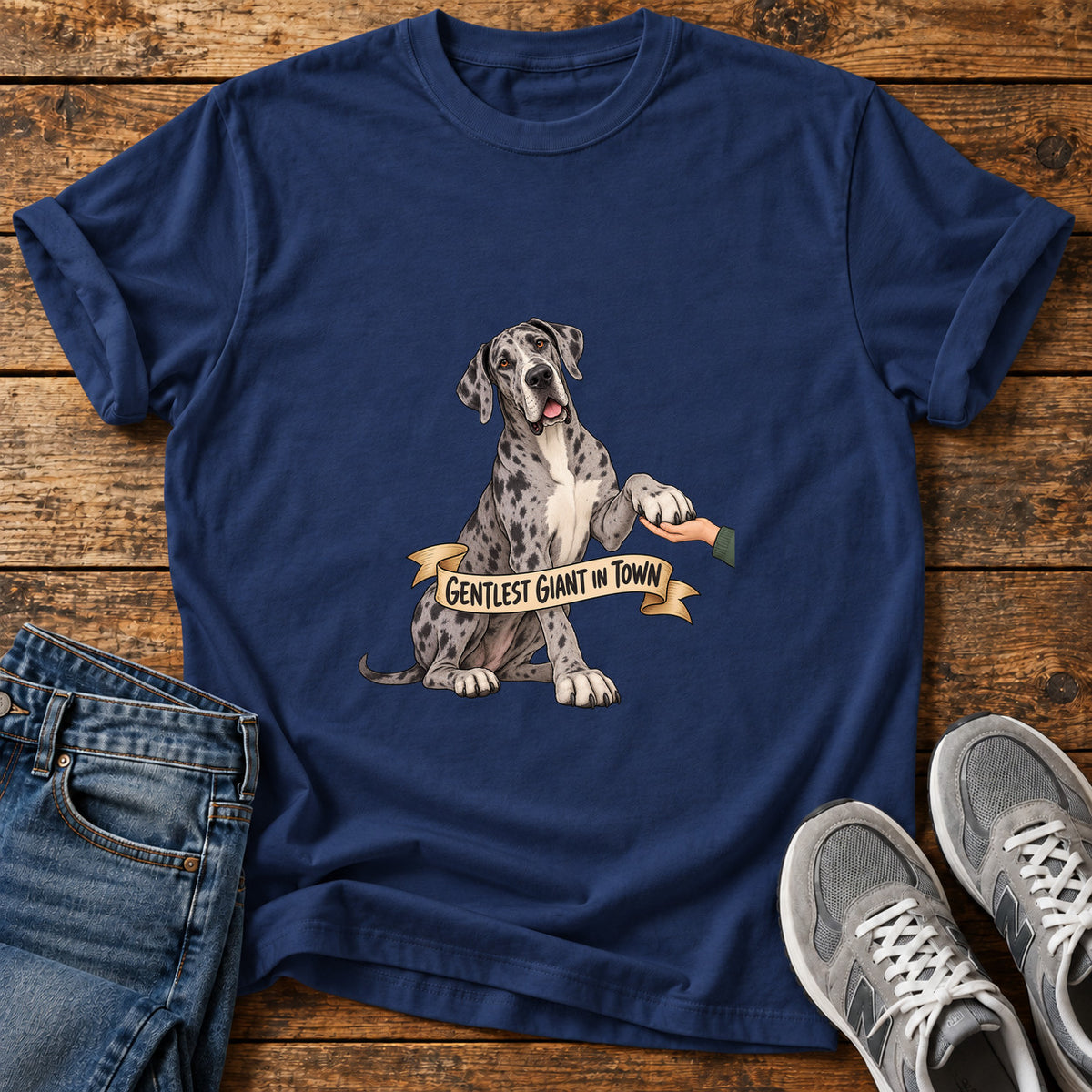 Gentlest Giant Great Dane graphic T-shirt in Navy, shown on a flat-lay shirt mockup