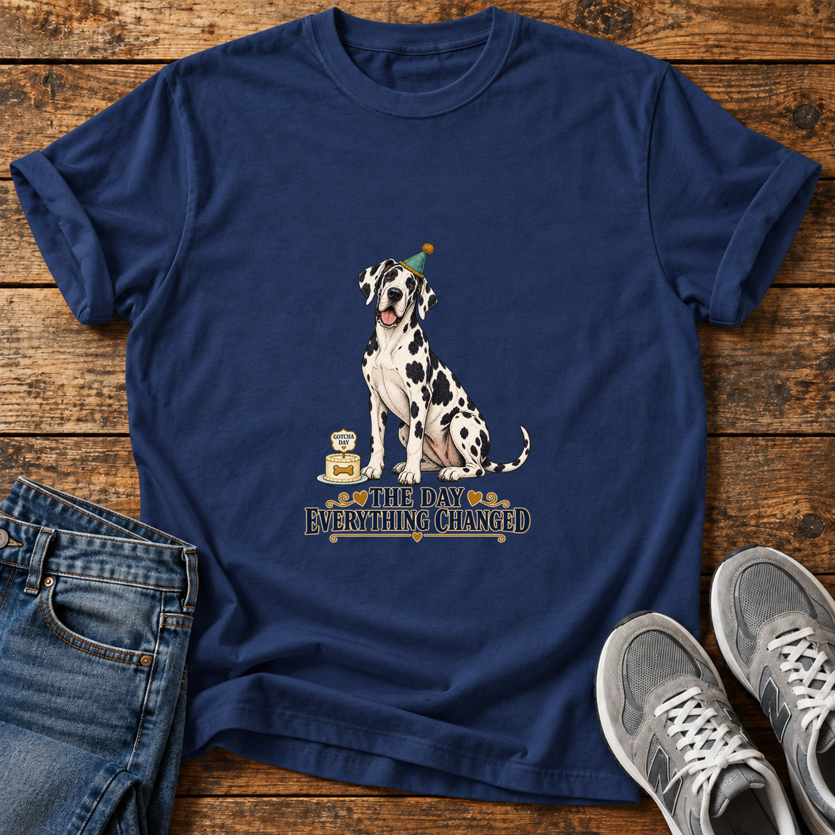 The Day Changed Great Dane graphic T-shirt in Navy, shown on a flat-lay shirt mockup