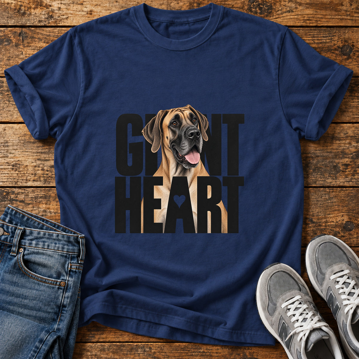 Giant Heart Great Dane graphic T-shirt in Navy, shown on a flat-lay shirt mockup