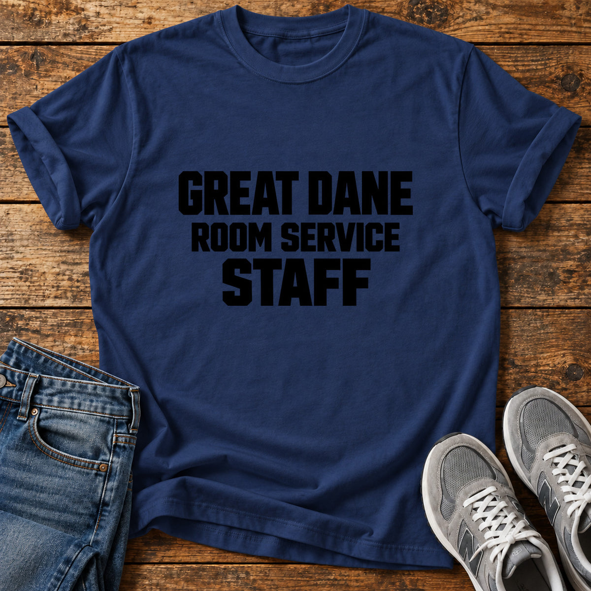 Great Dane Service graphic T-shirt in Navy, shown on a flat-lay shirt mockup