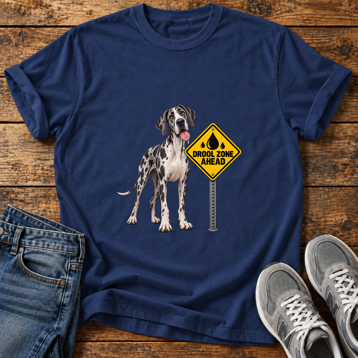 Drool Zone Ahead Great Dane graphic T-shirt in Navy, shown on a flat-lay shirt mockup