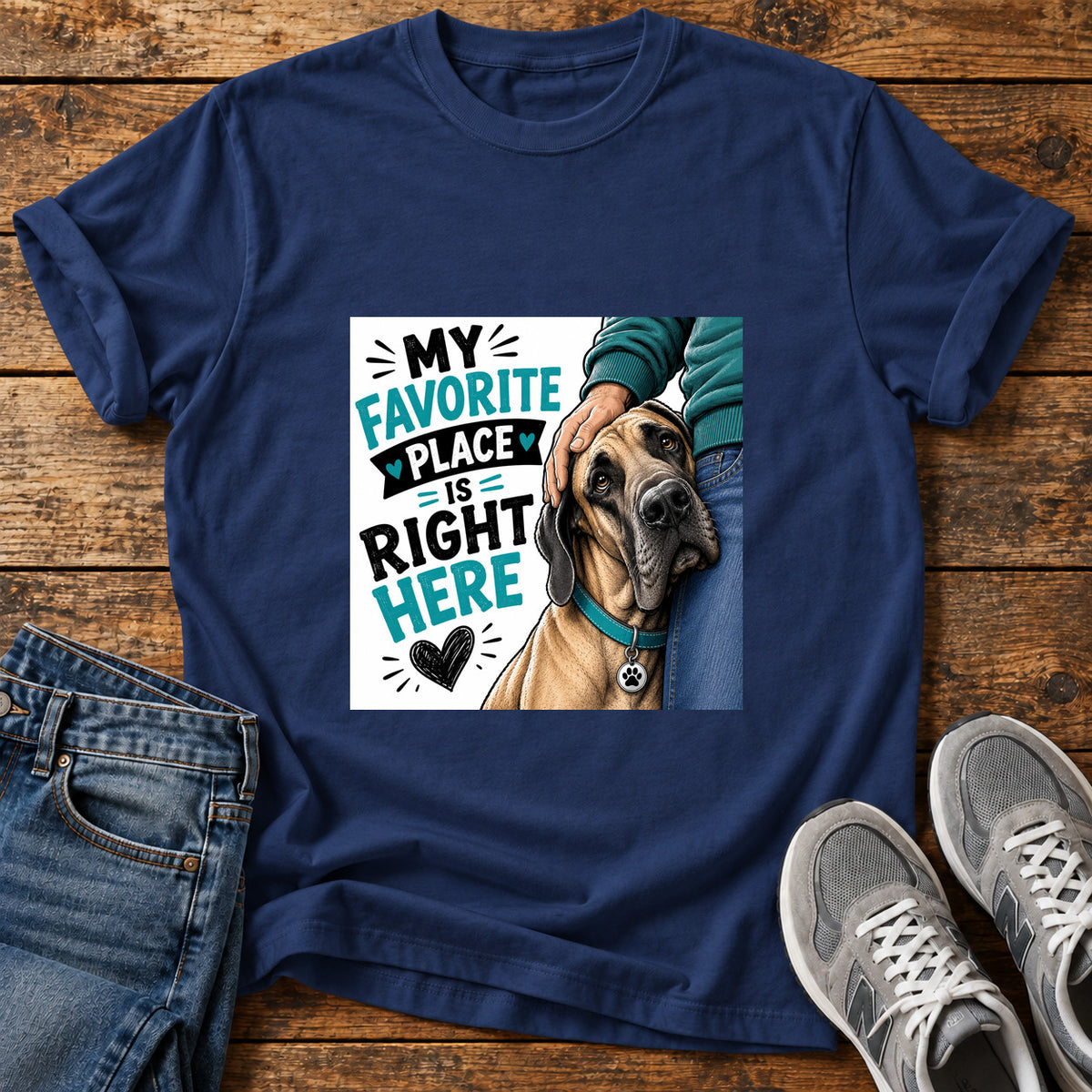 Favorite Place Great Dane graphic T-shirt in Navy, shown on a flat-lay shirt mockup