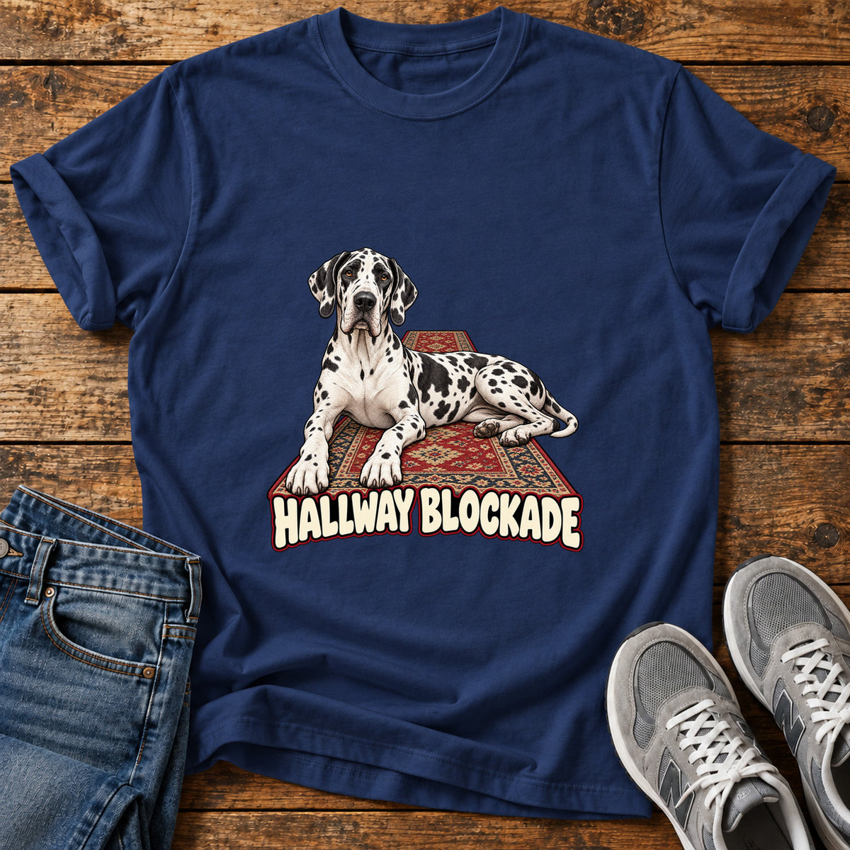 Hallway Blockade Great Dane graphic T-shirt in Navy, shown on a flat-lay shirt mockup