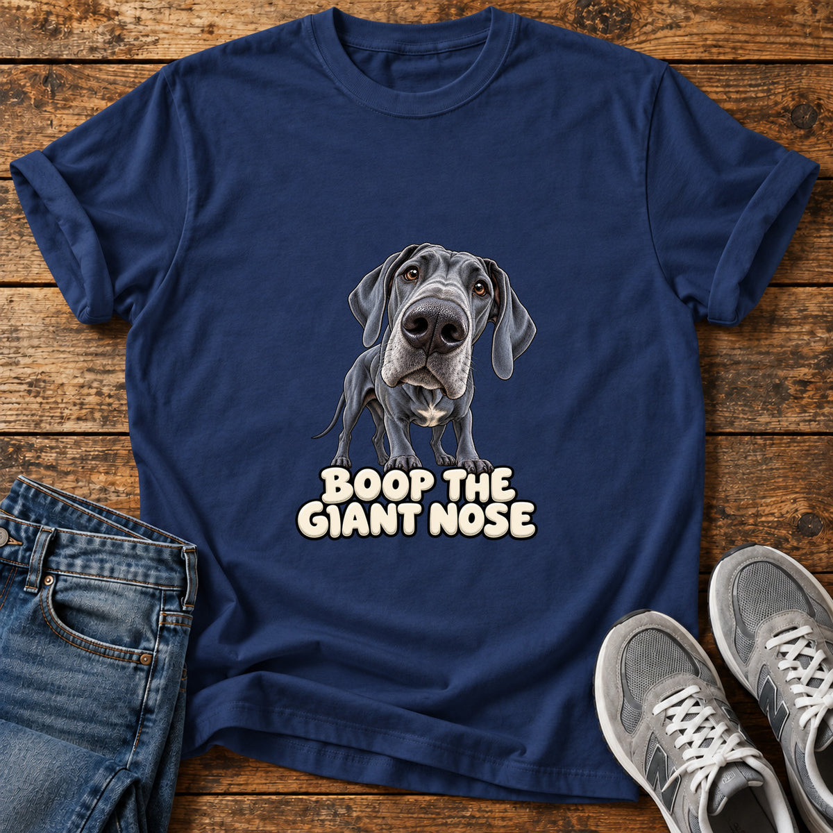 Boop Giant Nose Great Dane graphic T-shirt in Navy, shown on a flat-lay shirt mockup