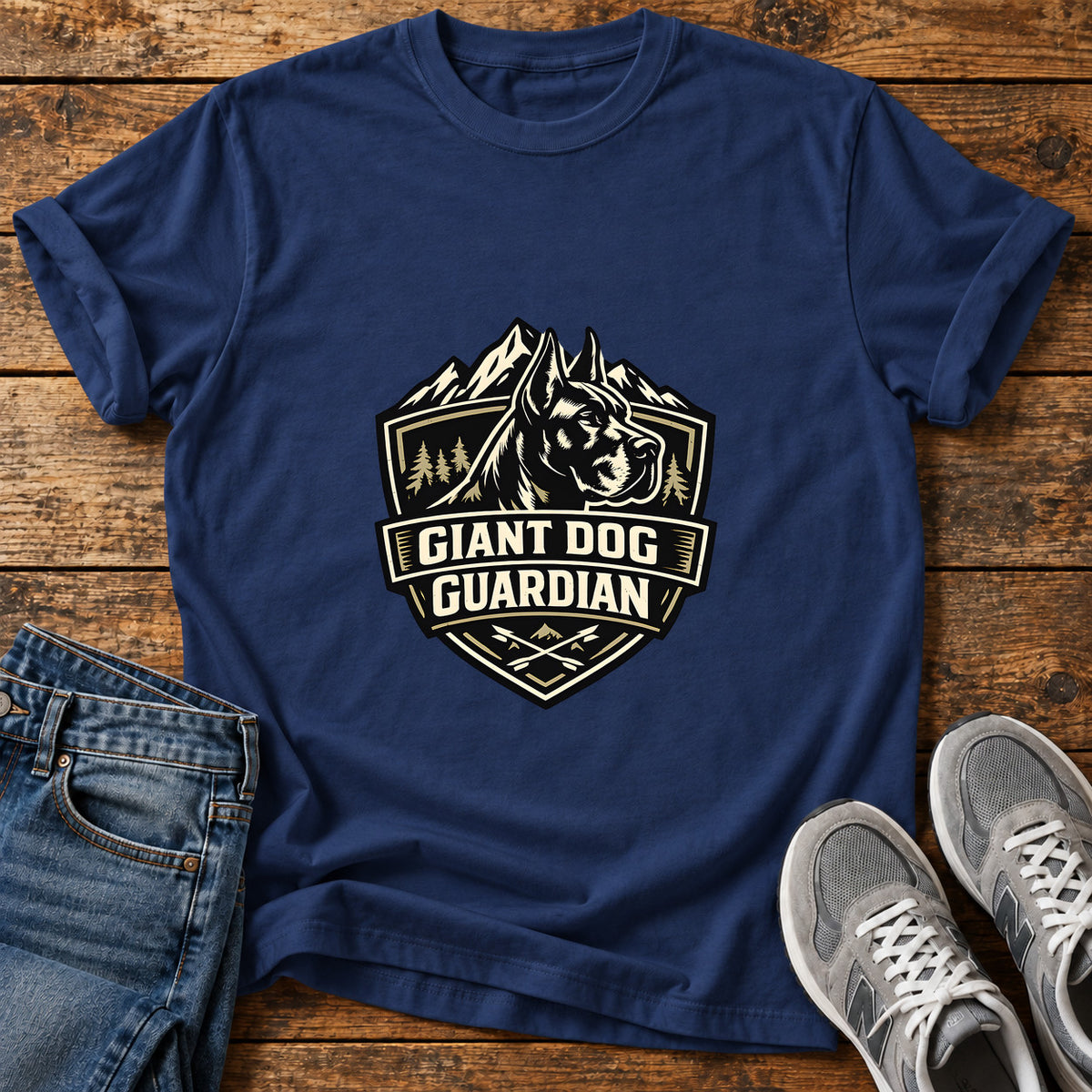 Giant Dog Guardian Great Dane graphic T-shirt in Navy, shown on a flat-lay shirt mockup