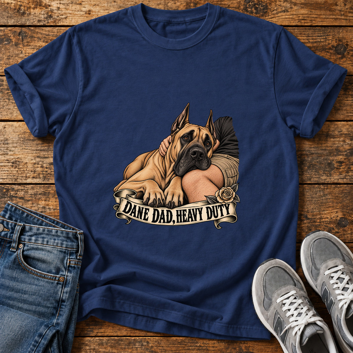 Dane Dad Duty Great Dane graphic T-shirt in Navy, shown on a flat-lay shirt mockup