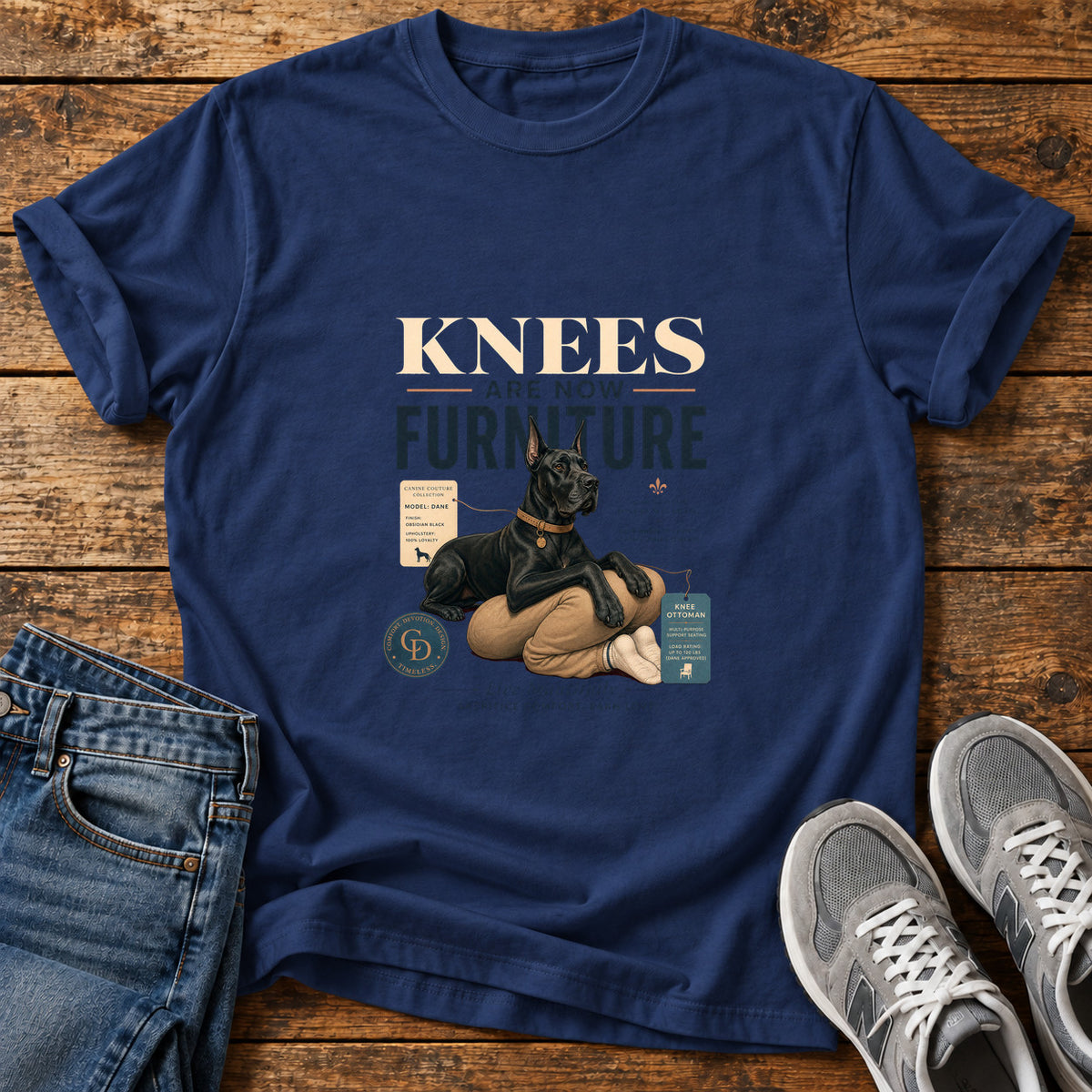 Knees Furniture Great Dane graphic T-shirt in Navy, shown on a flat-lay shirt mockup