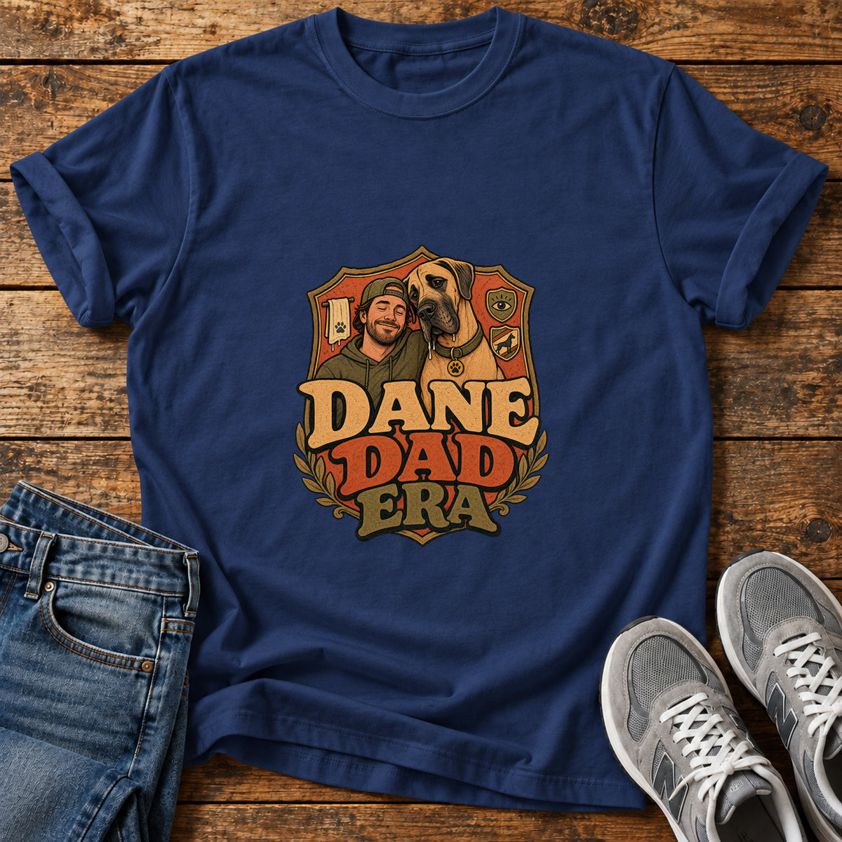 Dane Dad Era Great Dane graphic T-shirt in Navy, shown on a flat-lay shirt mockup
