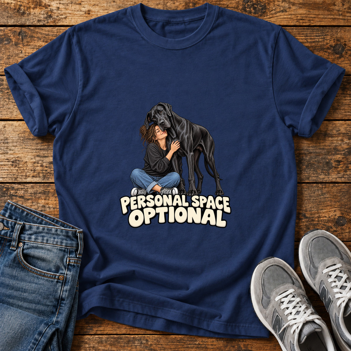 Personal Space Optional Great Dane graphic T-shirt in Navy, shown on a flat-lay shirt mockup
