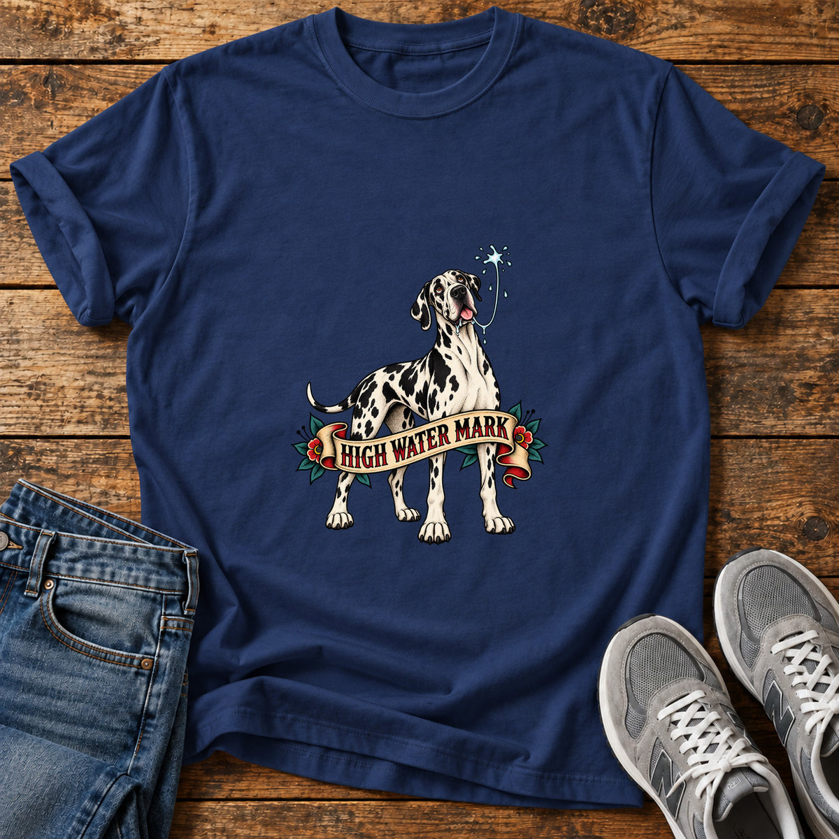 High Water Mark Great Dane graphic T-shirt in Navy, shown on a flat-lay shirt mockup