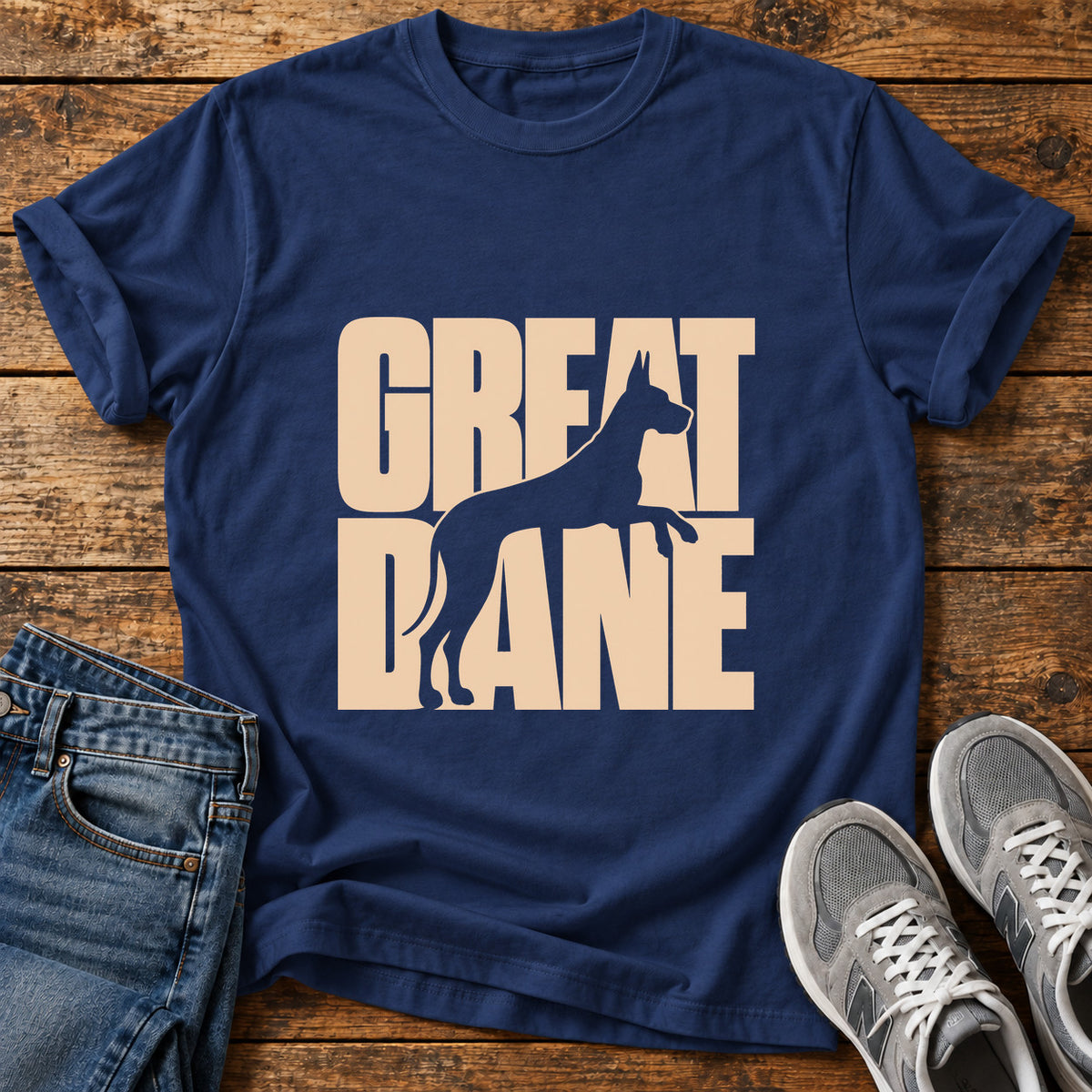 Great Dane graphic T-shirt in Navy, shown on a flat-lay shirt mockup