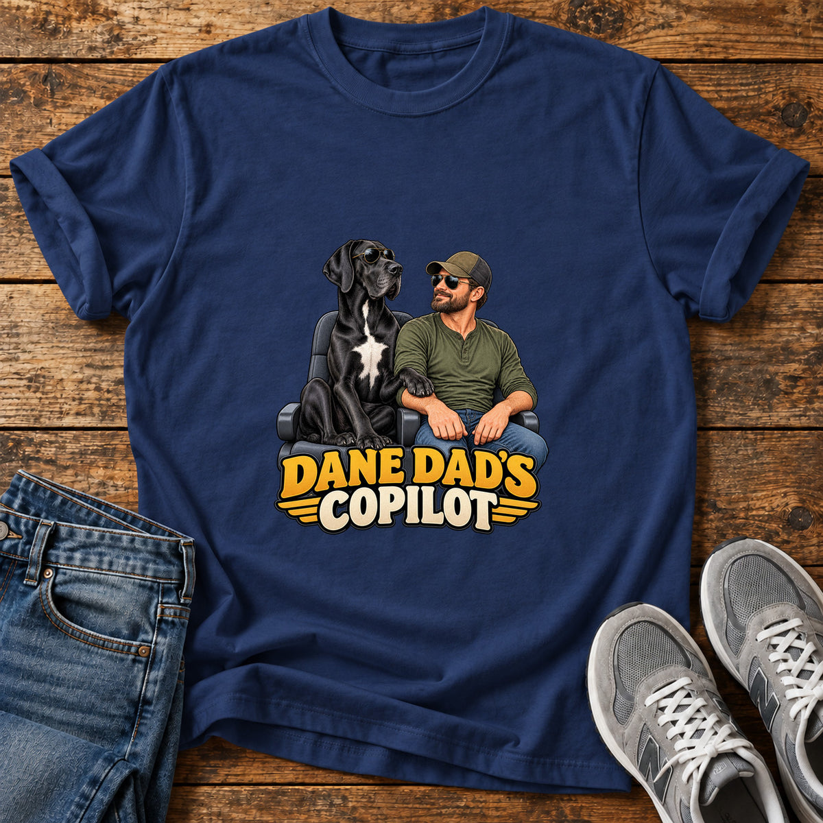Dane Copilot Great Dane graphic T-shirt in Navy, shown on a flat-lay shirt mockup