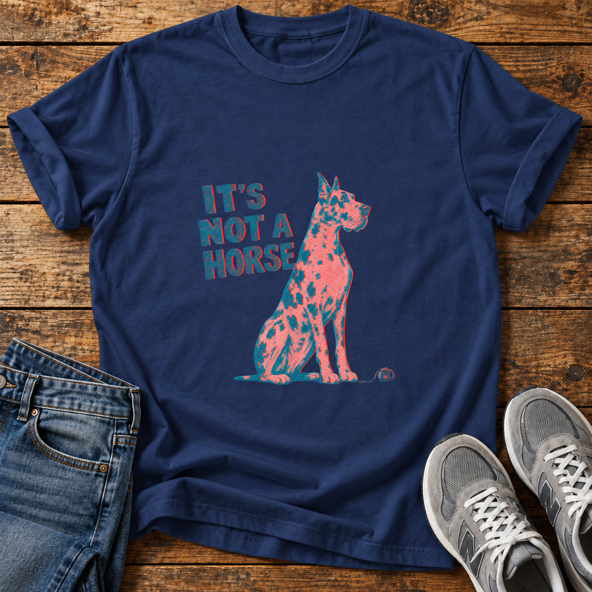 It's Not A Great Dane graphic T-shirt in Navy, shown on a flat-lay shirt mockup