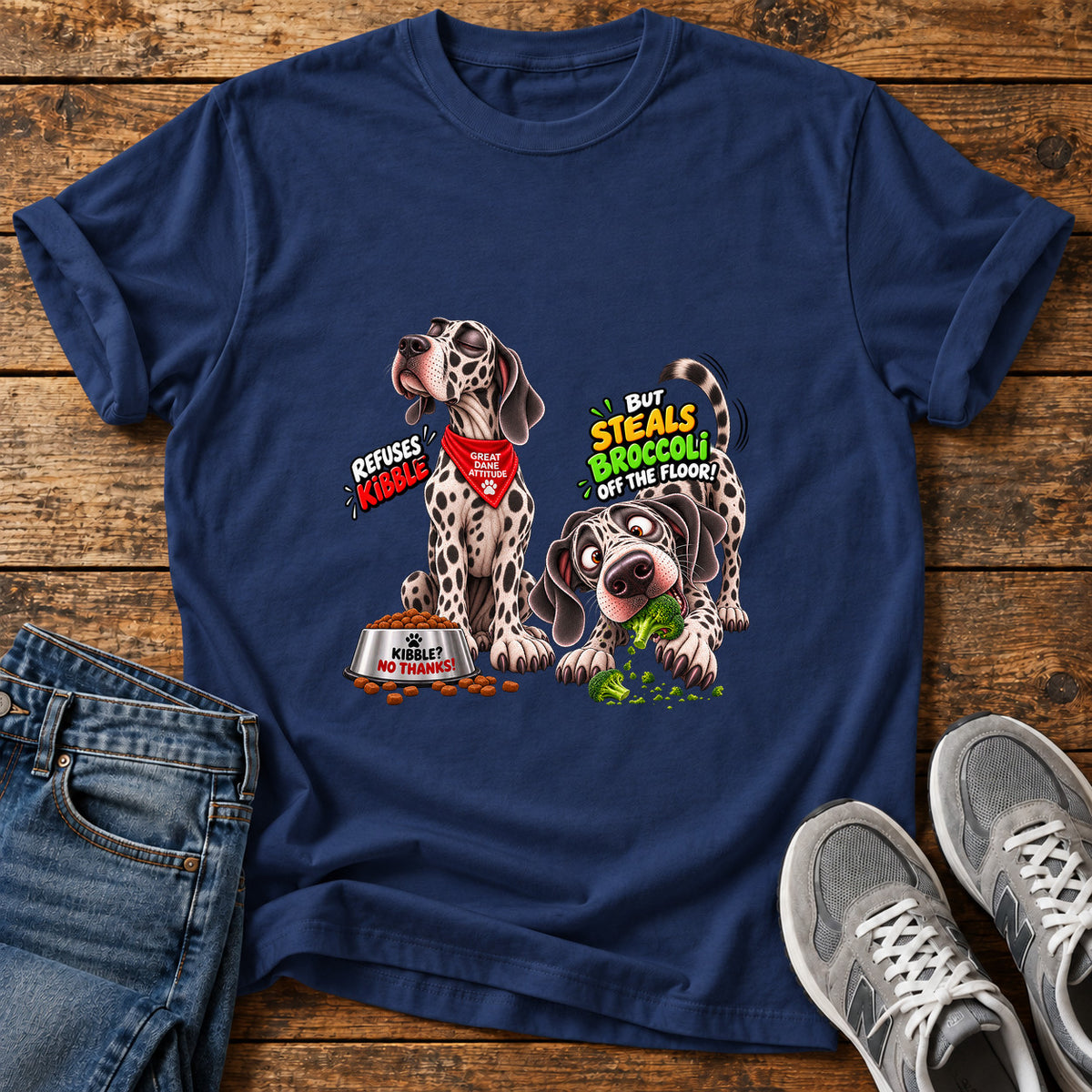 Great Dane Kibble graphic T-shirt in Navy, shown on a flat-lay shirt mockup
