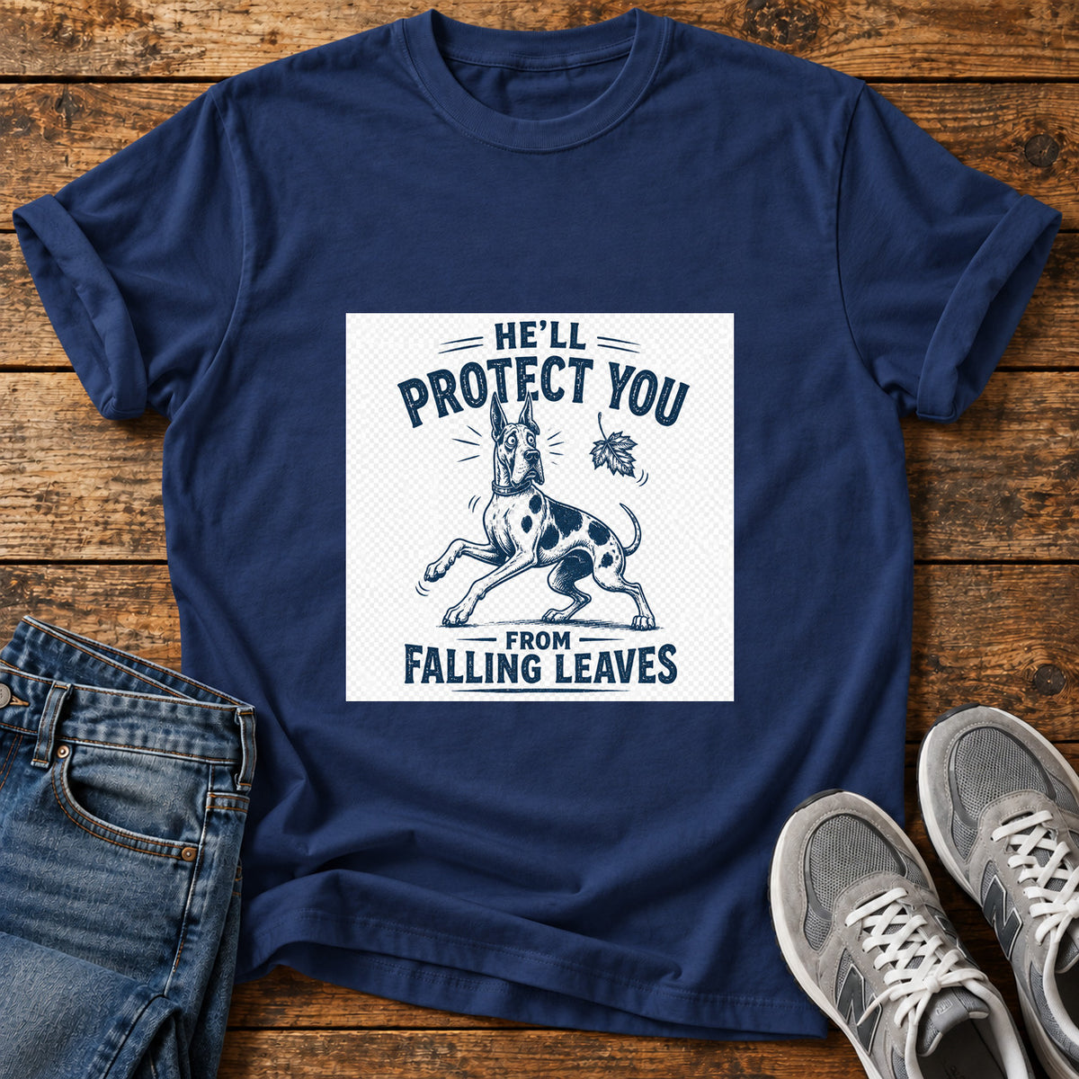 Protective Pooch Great Dane graphic T-shirt in Navy, shown on a flat-lay shirt mockup