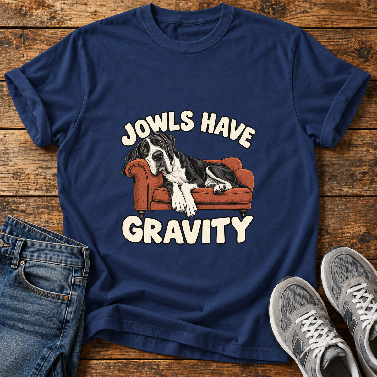 Jowls Gravity Great Dane graphic T-shirt in Navy, shown on a flat-lay shirt mockup